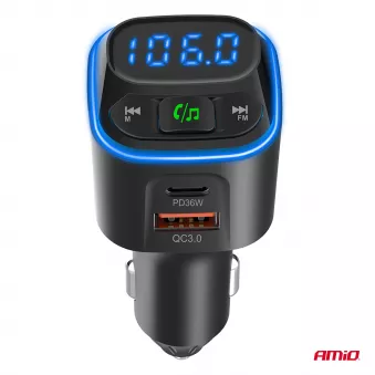 Transmetteur voiture FM microSD 1×USB-A 2×USB-C 12V 24V - AMIO 04651