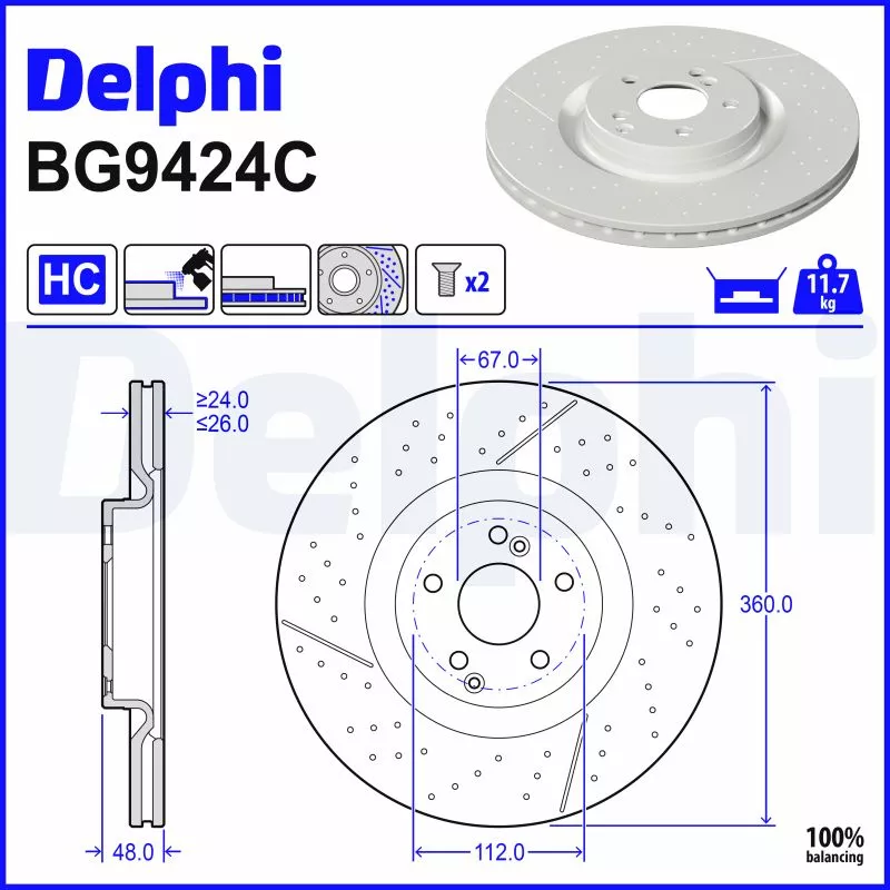 Jeu de 2 disques de frein arrière DELPHI BG9424C