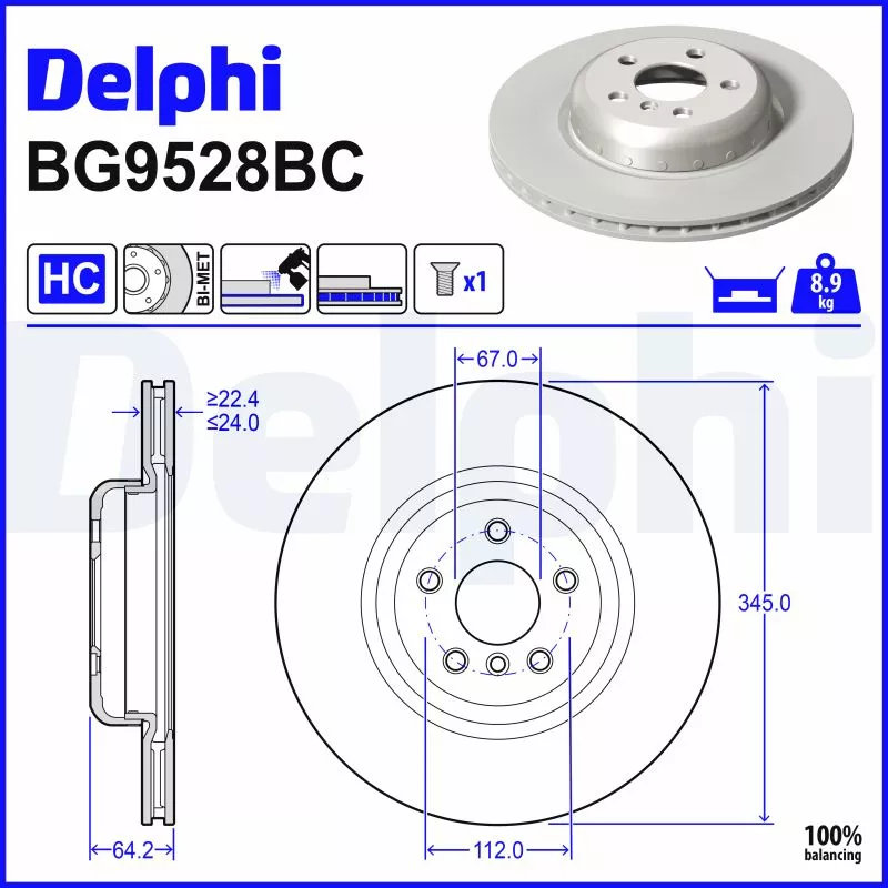 Jeu de 2 disques de frein arrière DELPHI BG9528BC