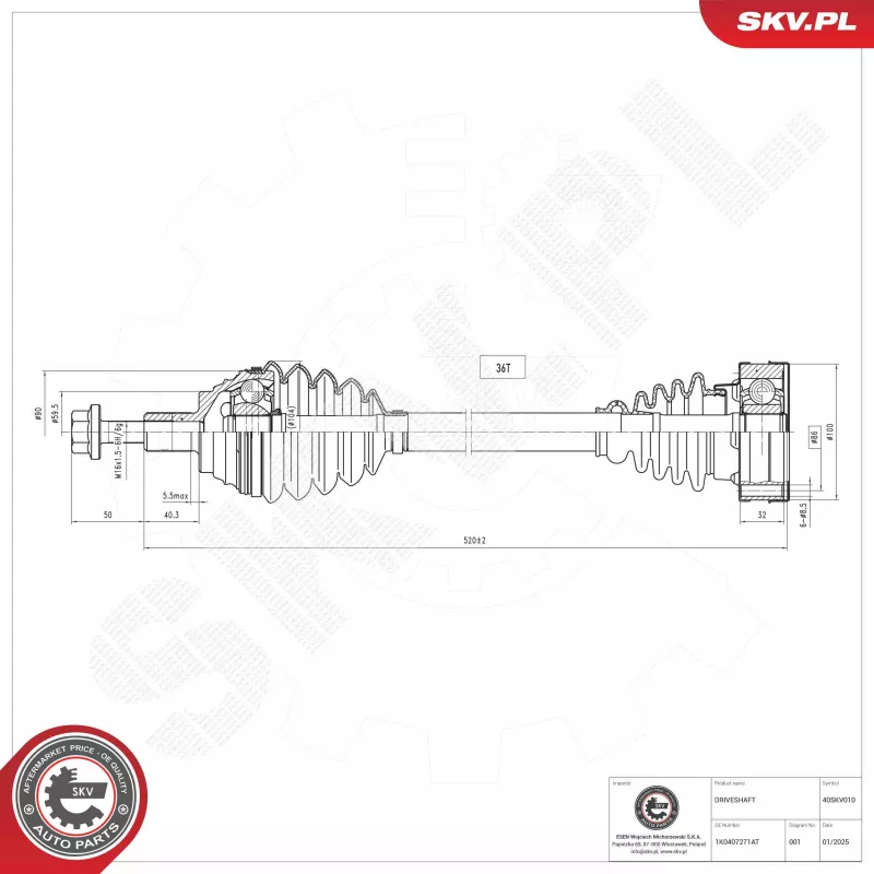 Arbre de transmission avant gauche (à l'unité) ESEN SKV 40SKV010