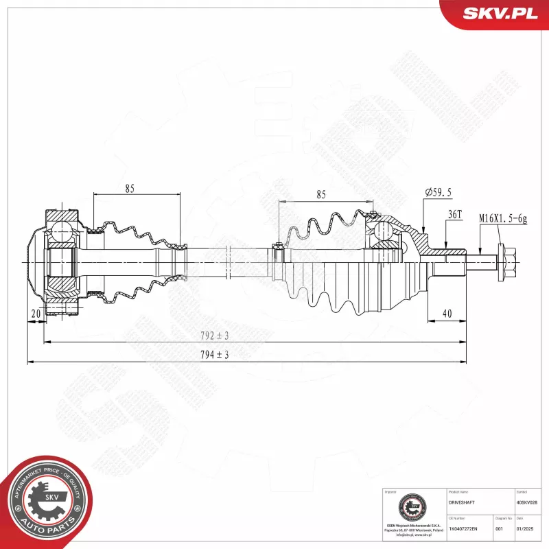 Arbre de transmission avant droit (à l'unité) ESEN SKV 40SKV028