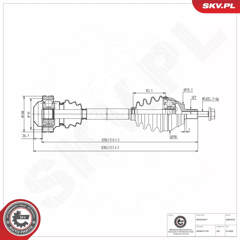 Arbre de transmission avant gauche (à l'unité) ESEN SKV 40SKV070