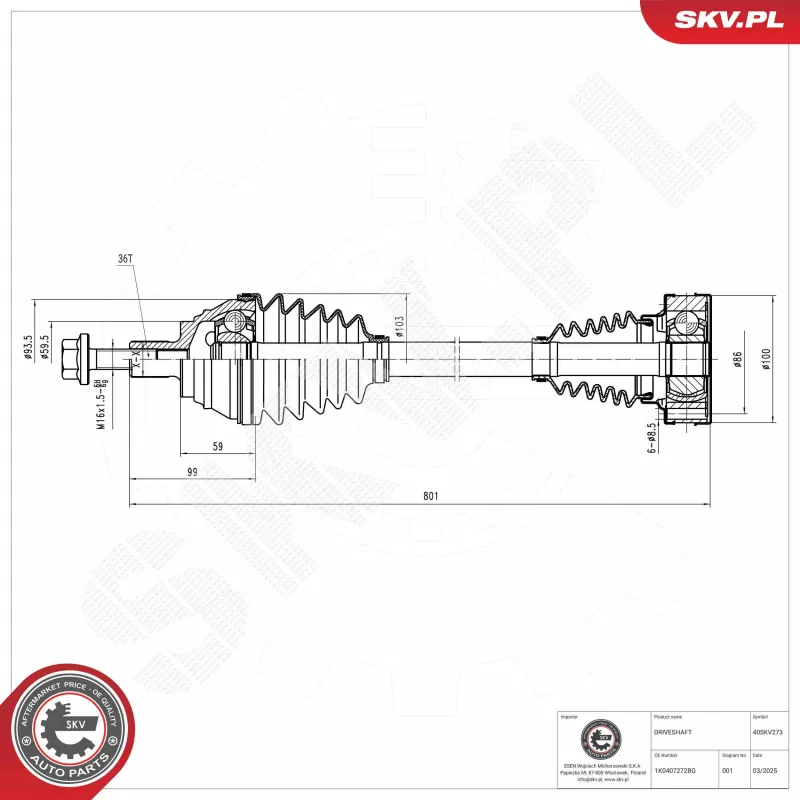 Arbre de transmission avant droit (à l'unité) ESEN SKV 40SKV273