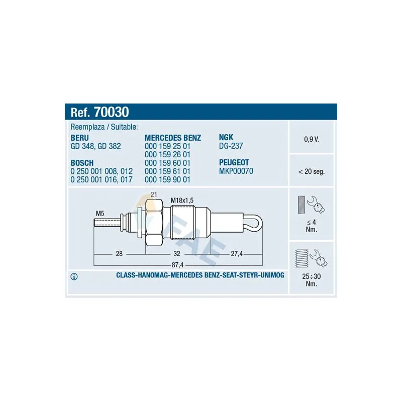 Bougie de préchauffage FAE 70030