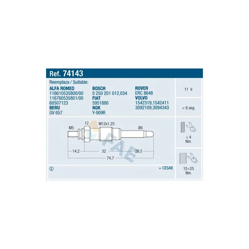 Bougie de préchauffage FAE 74143