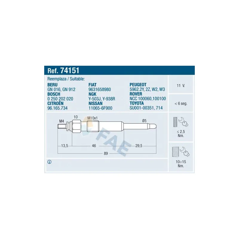 Bougie de préchauffage FAE 74151