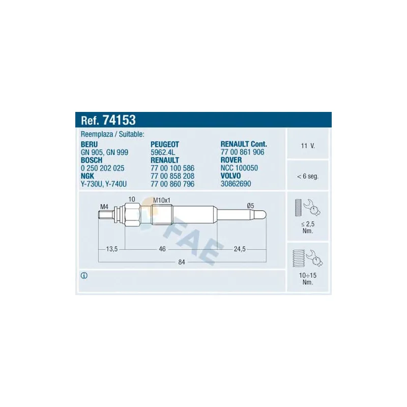 Bougie de préchauffage FAE 74153
