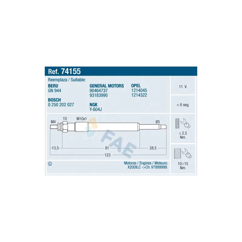 Bougie de préchauffage FAE 74155
