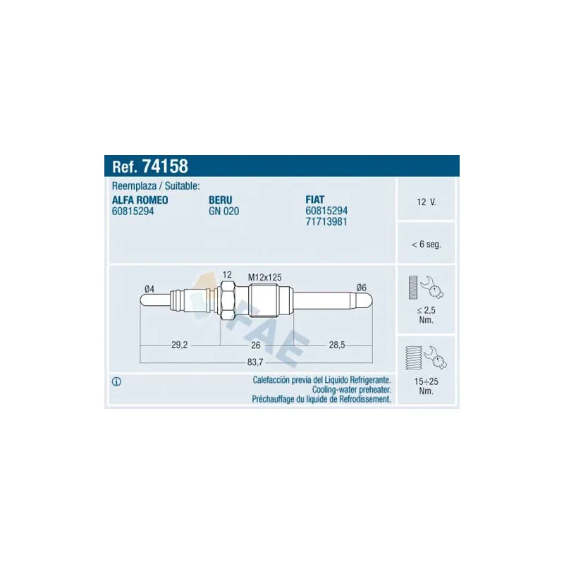 Bougie de préchauffage FAE 74158