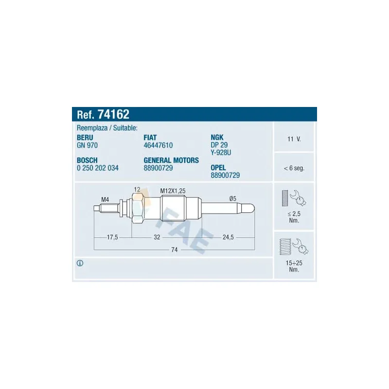 Bougie de préchauffage FAE 74162