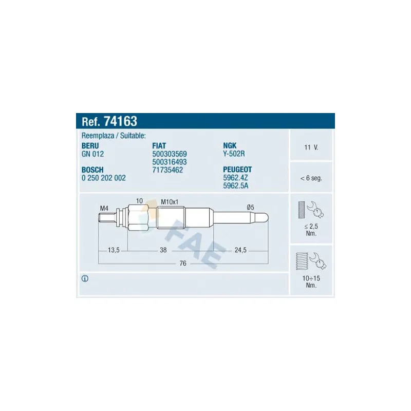 Bougie de préchauffage FAE 74163