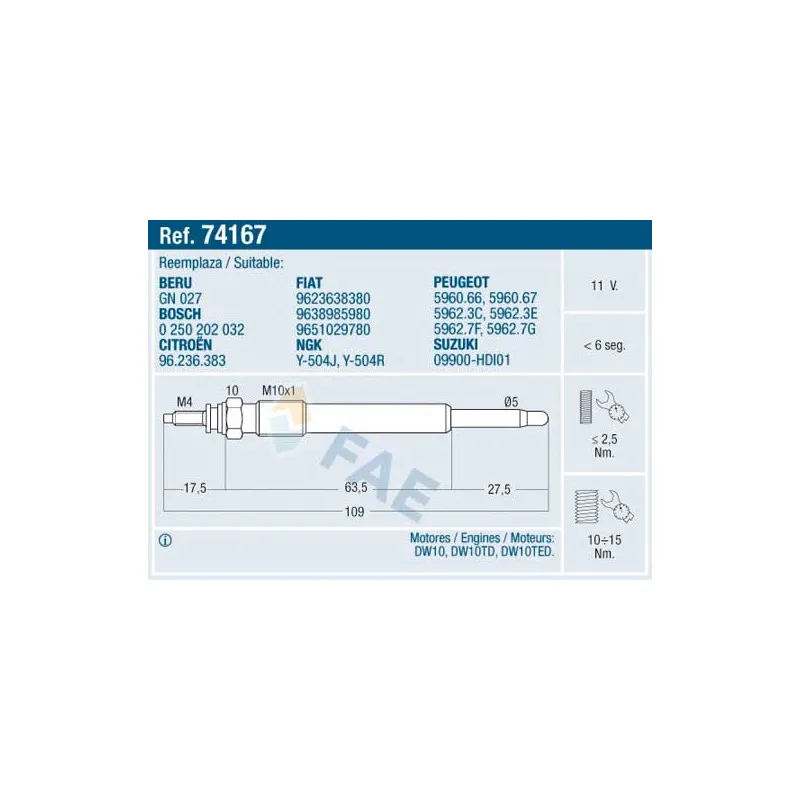 Bougie de préchauffage FAE 74167