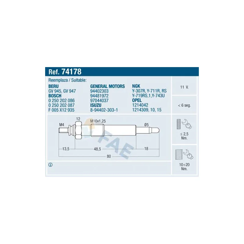 Bougie de préchauffage FAE 74178
