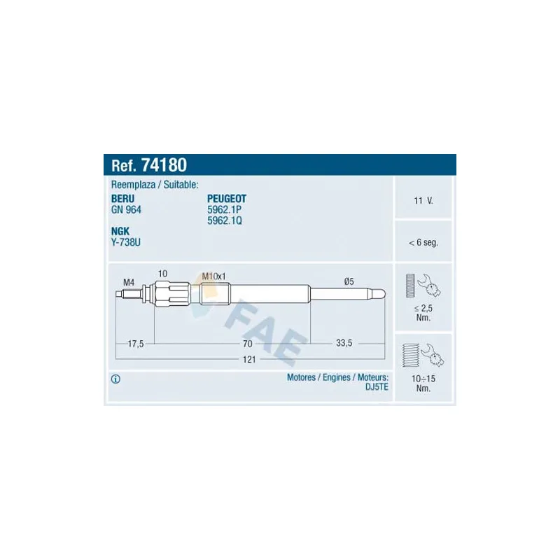 Bougie de préchauffage FAE 74180