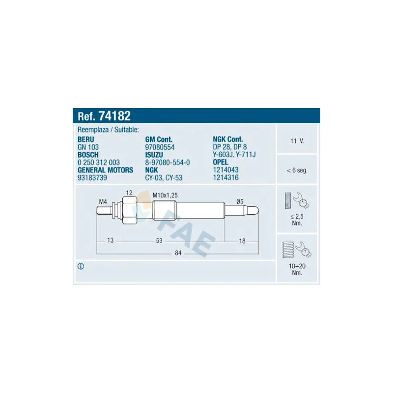 Bougie de préchauffage FAE 74182
