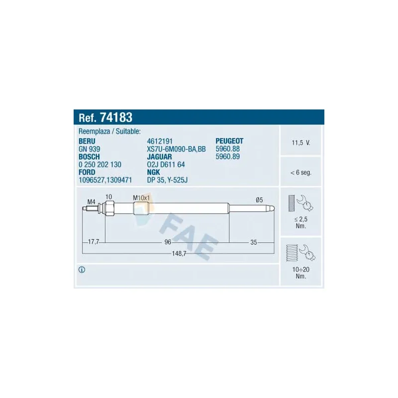 Bougie de préchauffage FAE 74183