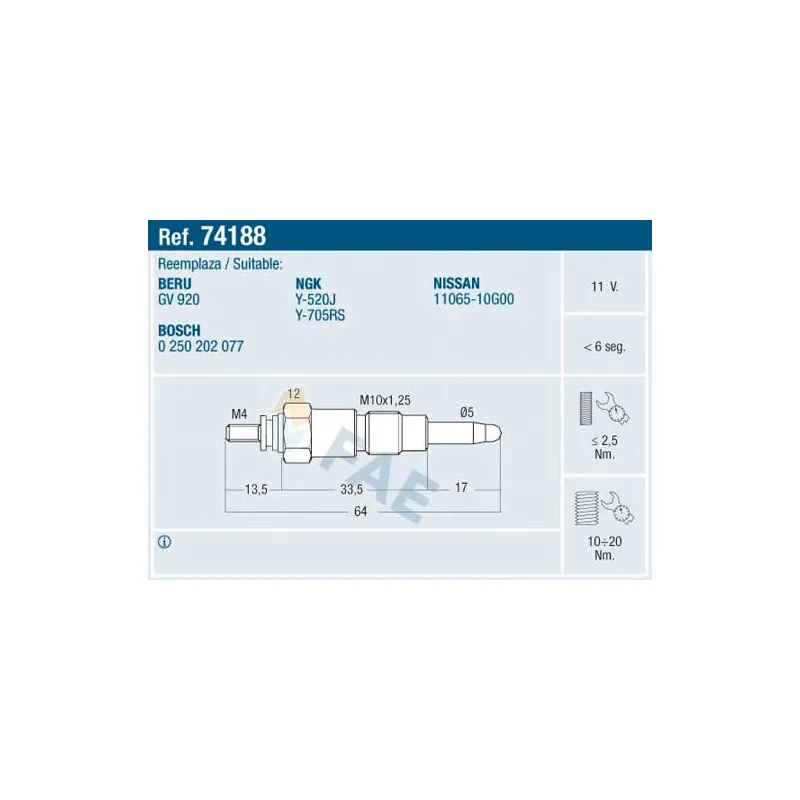 Bougie de préchauffage FAE 74188