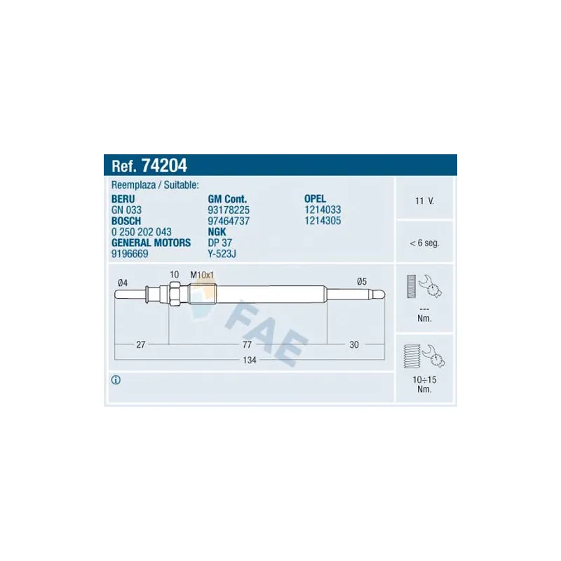 Bougie de préchauffage FAE 74204