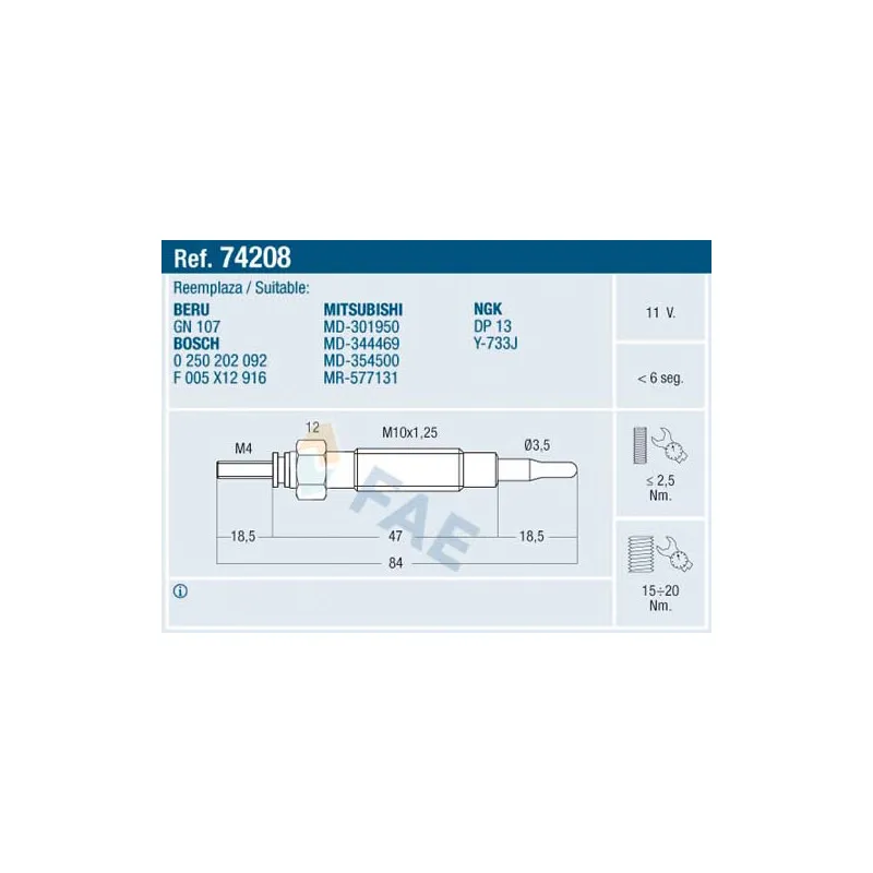 Bougie de préchauffage FAE 74208