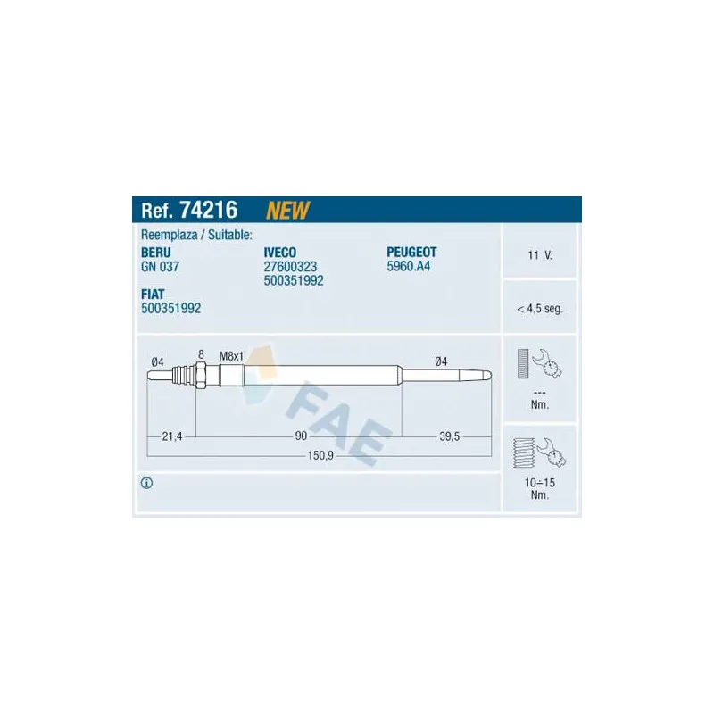 Bougie de préchauffage FAE 74216