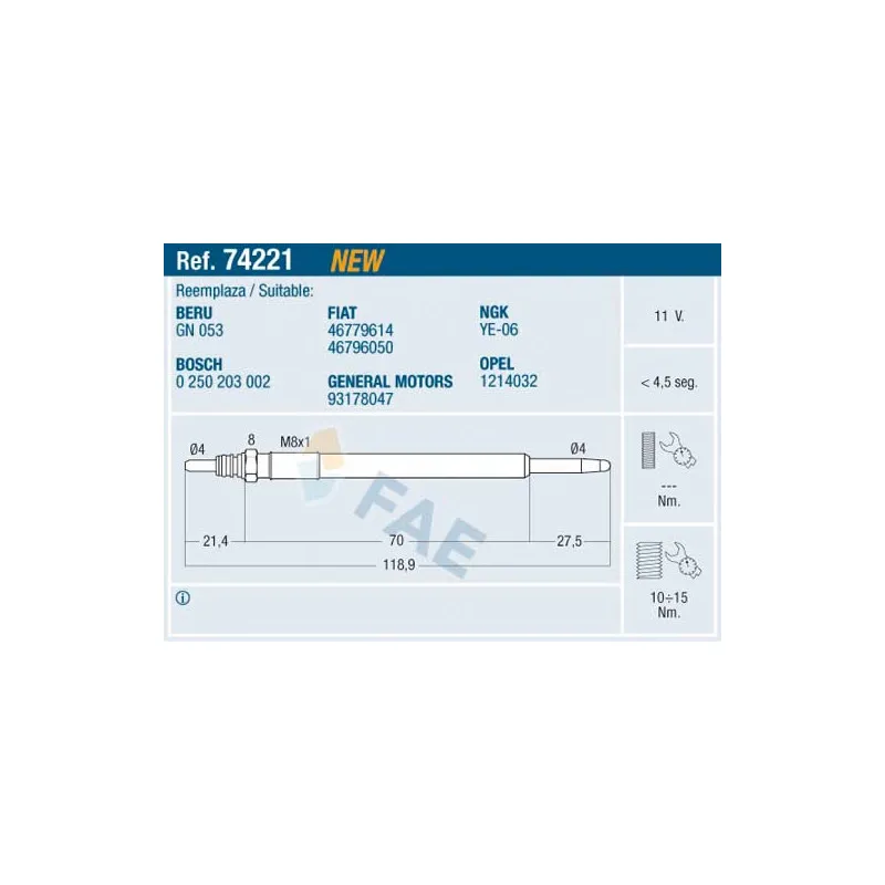 Bougie de préchauffage FAE 74221