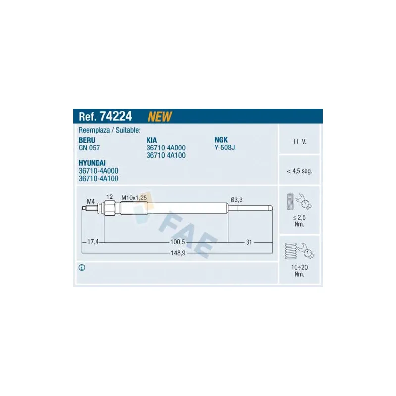 Bougie de préchauffage FAE 74224