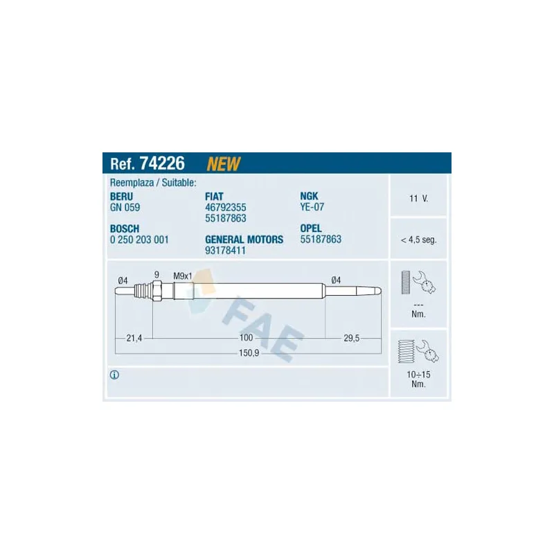 Bougie de préchauffage FAE 74226