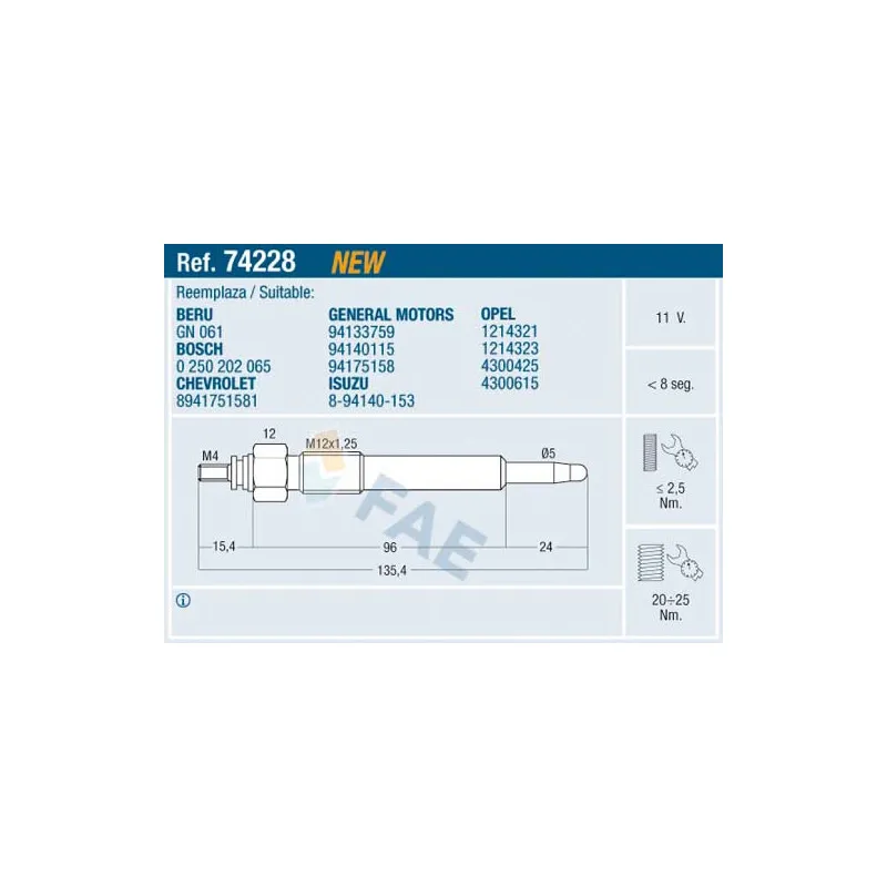 Bougie de préchauffage FAE 74228