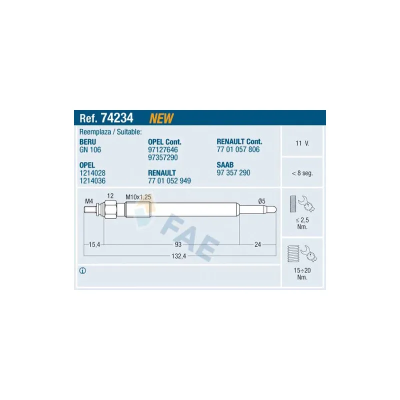 Bougie de préchauffage FAE 74234