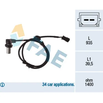 Capteur, vitesse de roue FAE 78071