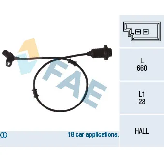 Capteur, vitesse de roue arrière droit FAE 78072