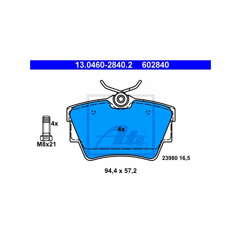 Jeu de 4 plaquettes de frein arrière ATE 13.0460-2840.2
