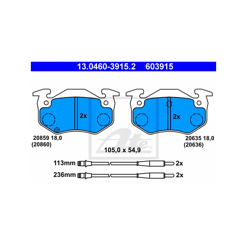 Jeu de 4 plaquettes de frein avant ATE 13.0460-3915.2