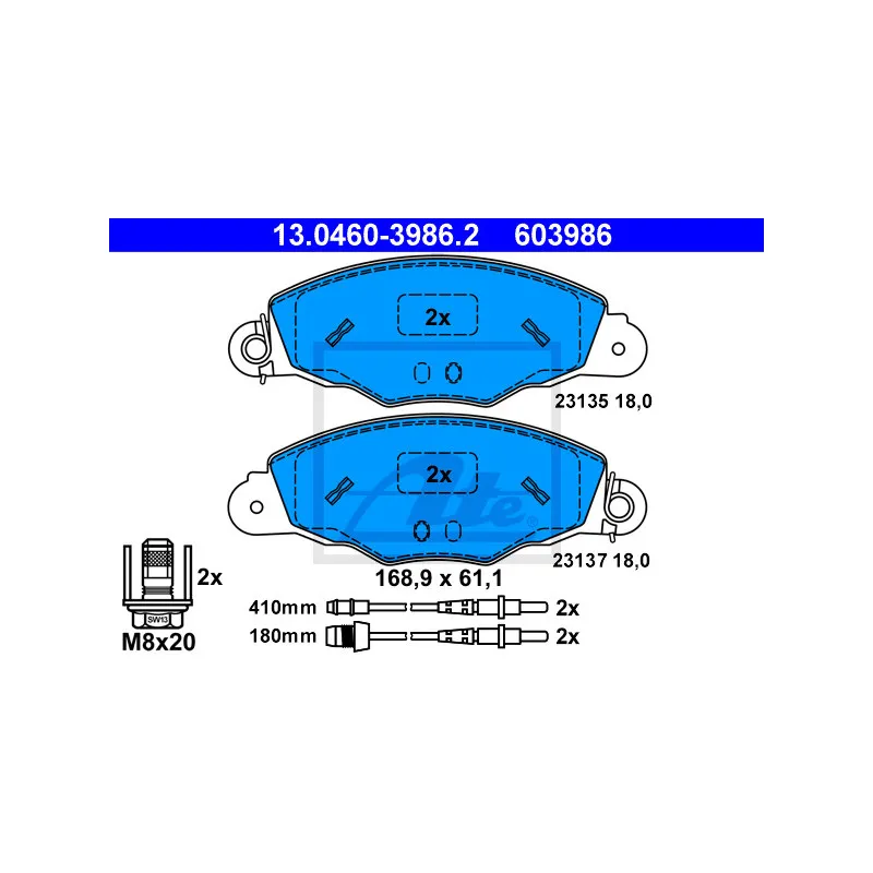 Jeu de 4 plaquettes de frein avant ATE 13.0460-3986.2