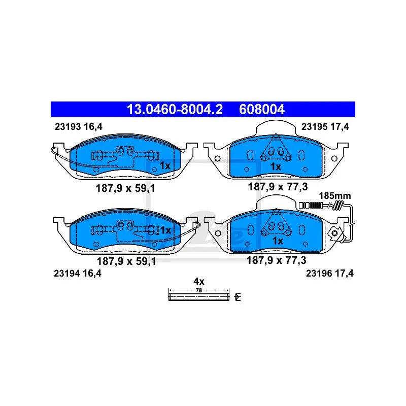 Jeu de 4 plaquettes de frein avant ATE 13.0460-8004.2