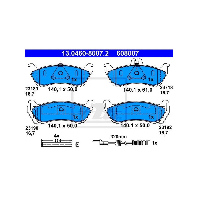 Jeu de 4 plaquettes de frein arrière ATE 13.0460-8007.2