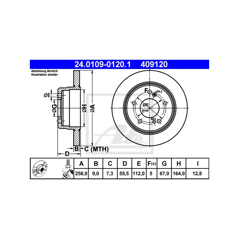 Jeu de 2 disques de frein arrière ATE 24.0109-0120.1