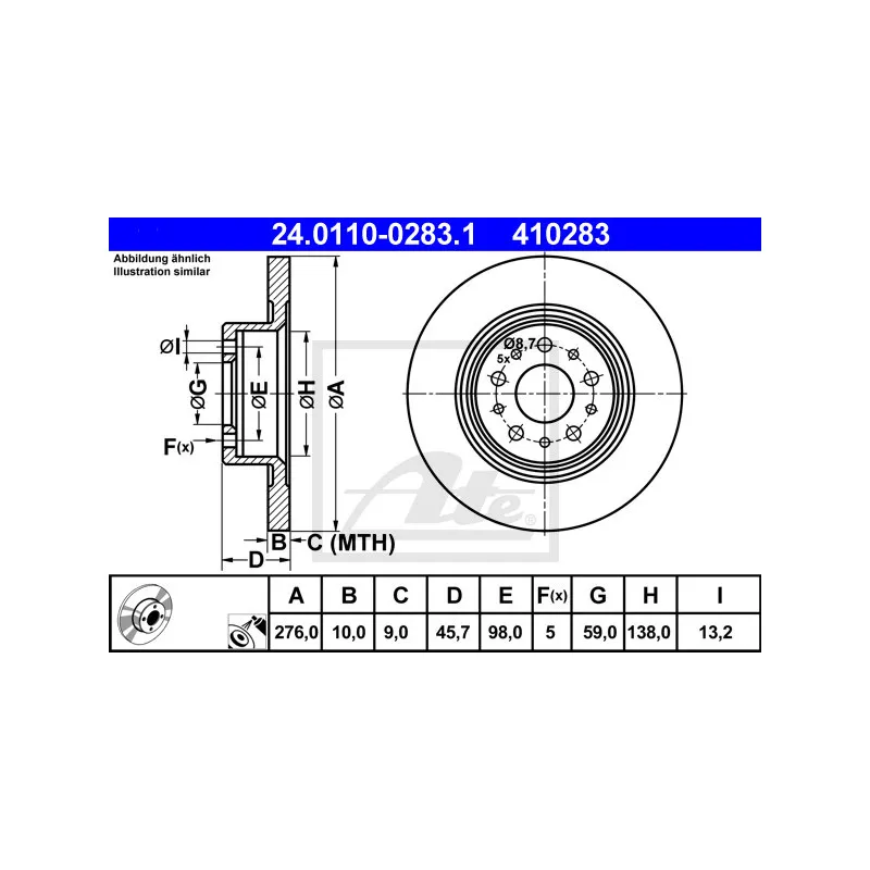 Jeu de 2 disques de frein arrière ATE 24.0110-0283.1