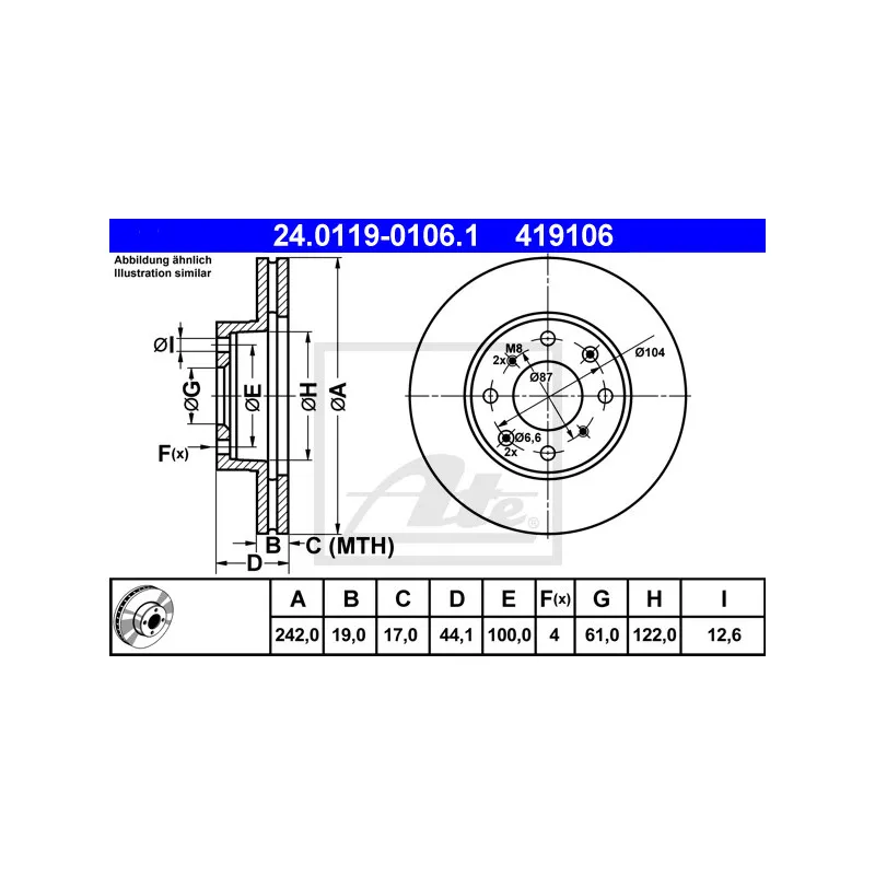 Jeu de 2 disques de frein avant ATE 24.0119-0106.1