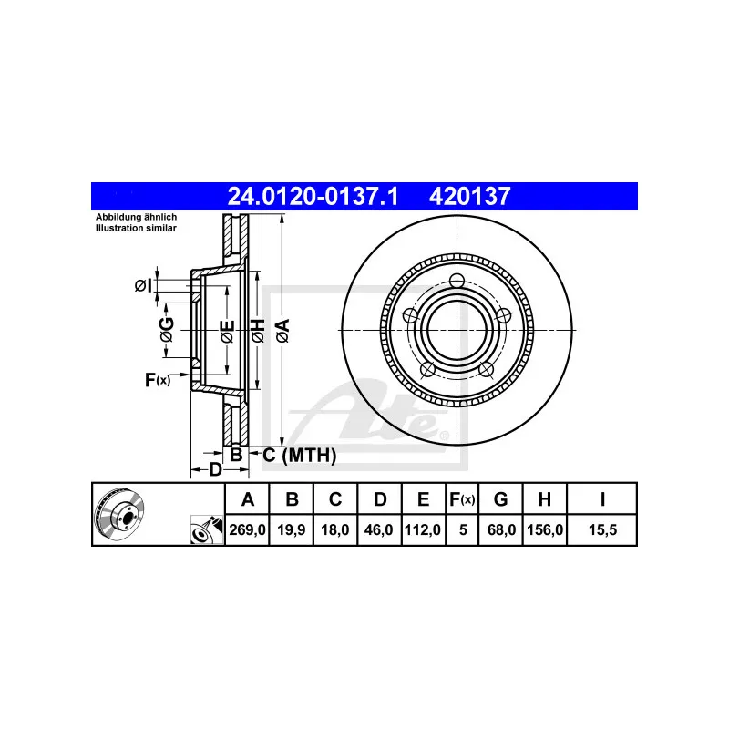 Jeu de 2 disques de frein arrière ATE 24.0120-0137.1