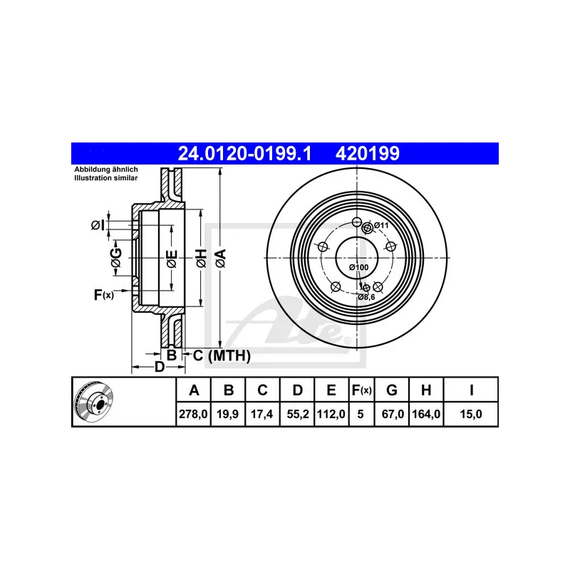 Jeu de 2 disques de frein arrière ATE 24.0120-0199.1