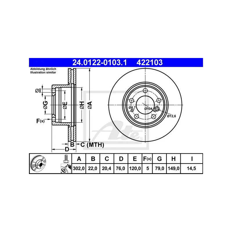 Jeu de 2 disques de frein avant ATE 24.0122-0103.1
