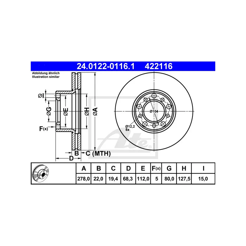 Jeu de 2 disques de frein avant ATE 24.0122-0116.1