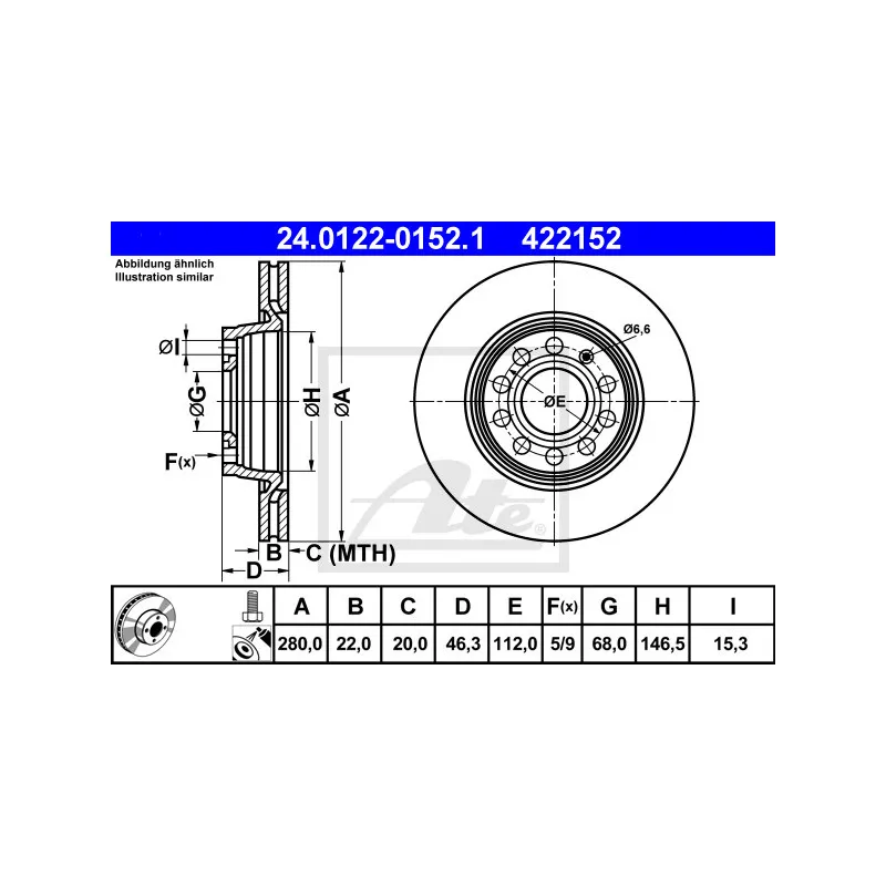 Jeu de 2 disques de frein avant ATE 24.0122-0152.1