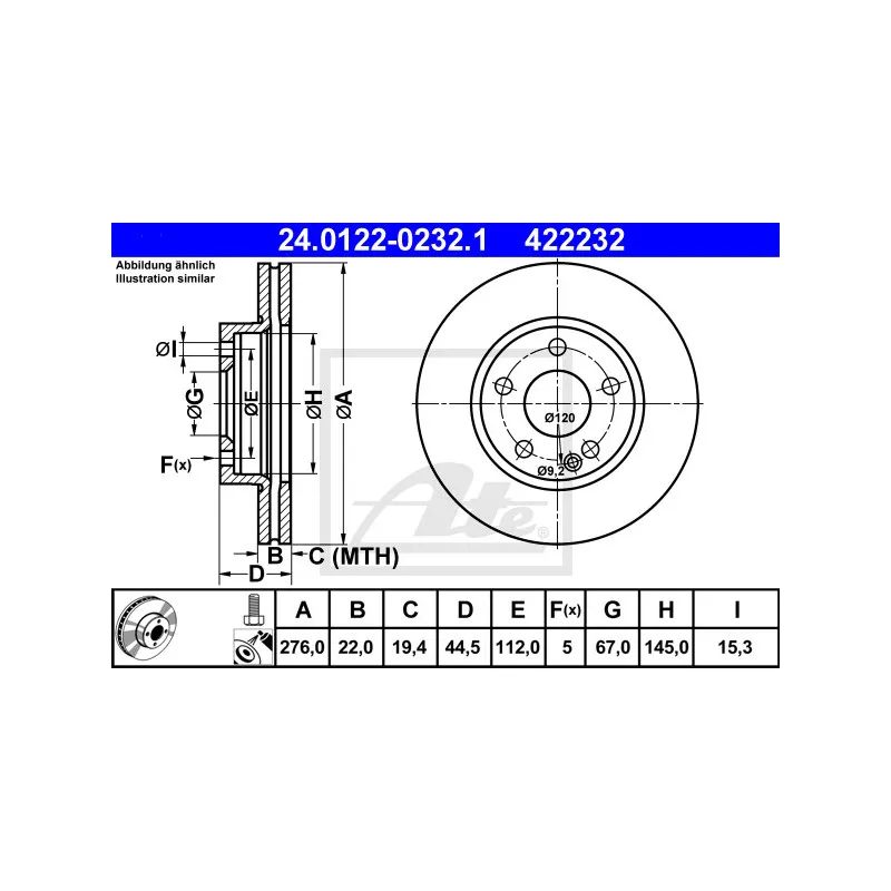 Jeu de 2 disques de frein avant ATE 24.0122-0232.1
