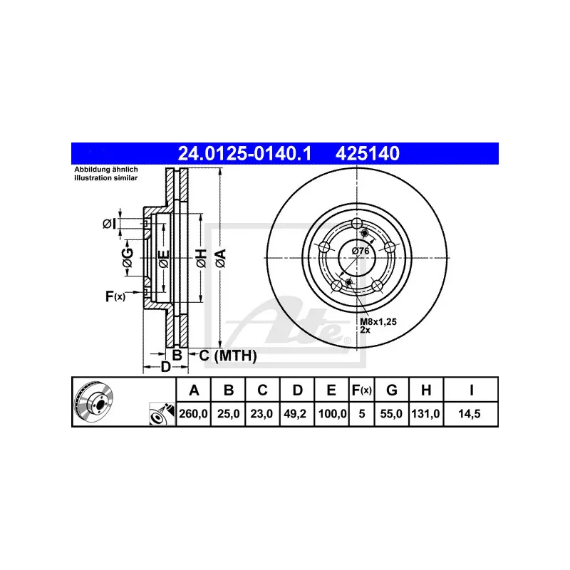Jeu de 2 disques de frein avant ATE 24.0125-0140.1