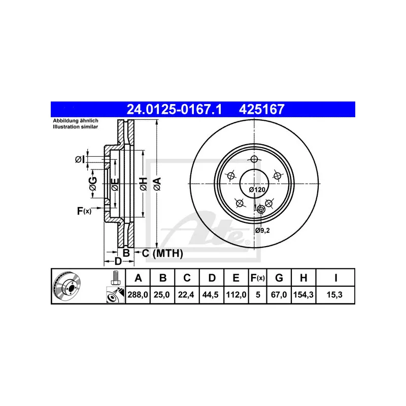 Jeu de 2 disques de frein avant ATE 24.0125-0167.1