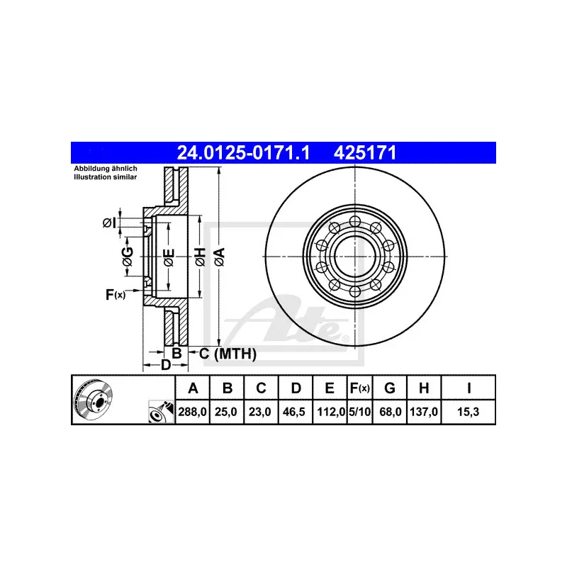 Jeu de 2 disques de frein avant ATE 24.0125-0171.1