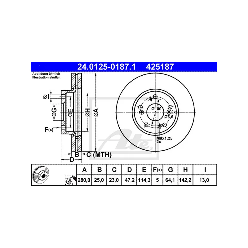 Jeu de 2 disques de frein avant ATE 24.0125-0187.1