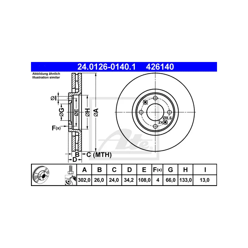 Jeu de 2 disques de frein avant ATE 24.0126-0140.1
